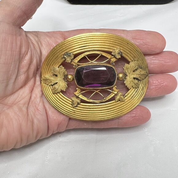 Art Nouveau Sash Pin Brooch Autumn Leaf design Amethyst Glass George L Paine Co - Picture 8 of 16